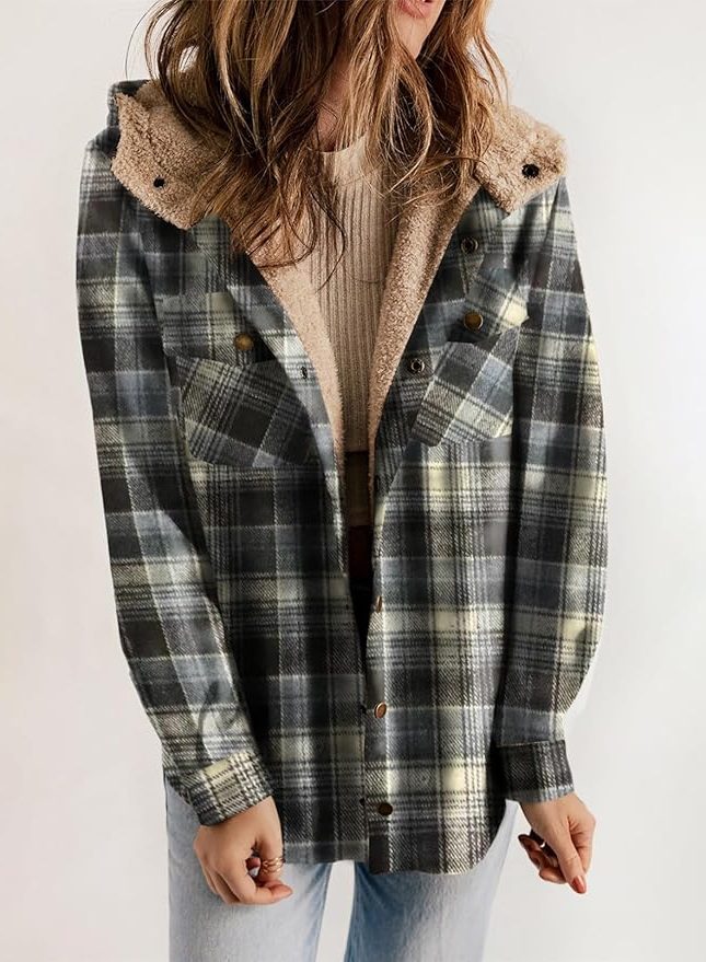 Women's Plaid Flannel Shirt Jacket with Sherpa Collar - Emerald Elegance