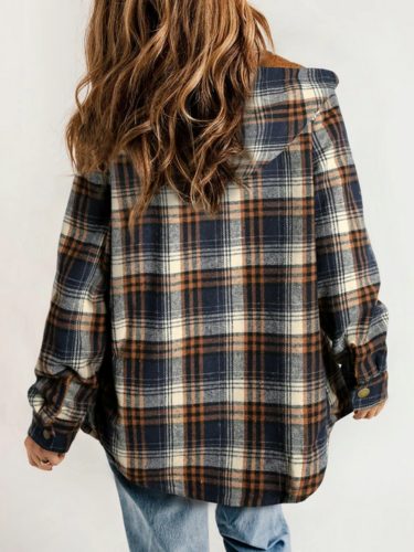 Women's Plaid Flannel Shirt Jacket with Sherpa Collar - Burgundy Blue