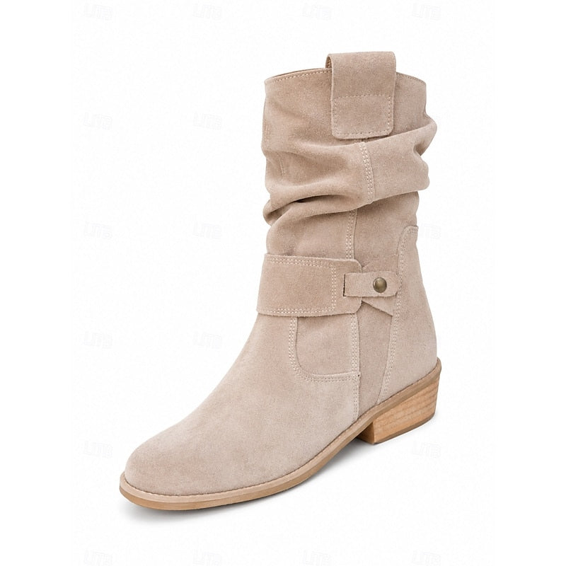 Women's Slouchy Block-Heel Ankle Boots with Side Zip - Black