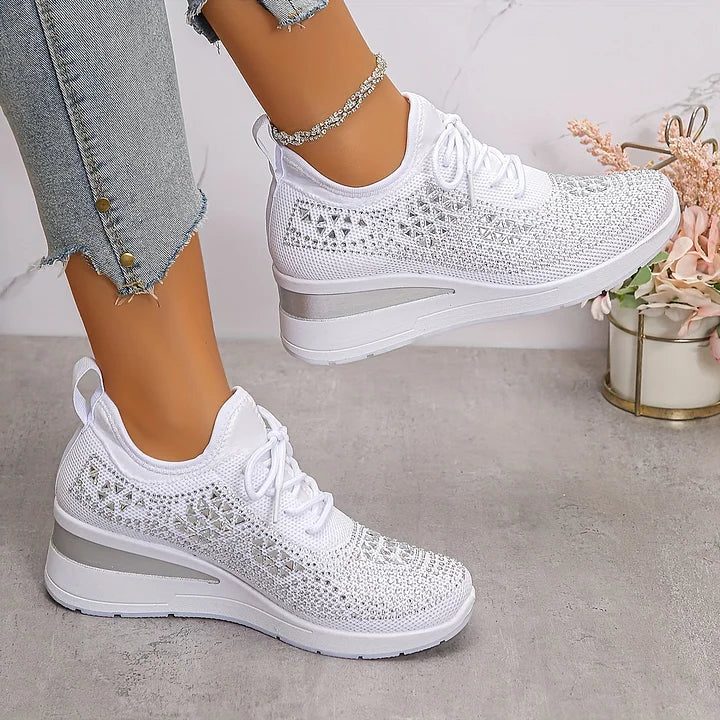 Women's Rhinestone Knit Mesh Lace-Up Sneakers