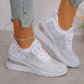 Women's Rhinestone Knit Mesh Lace-Up Sneakers - White
