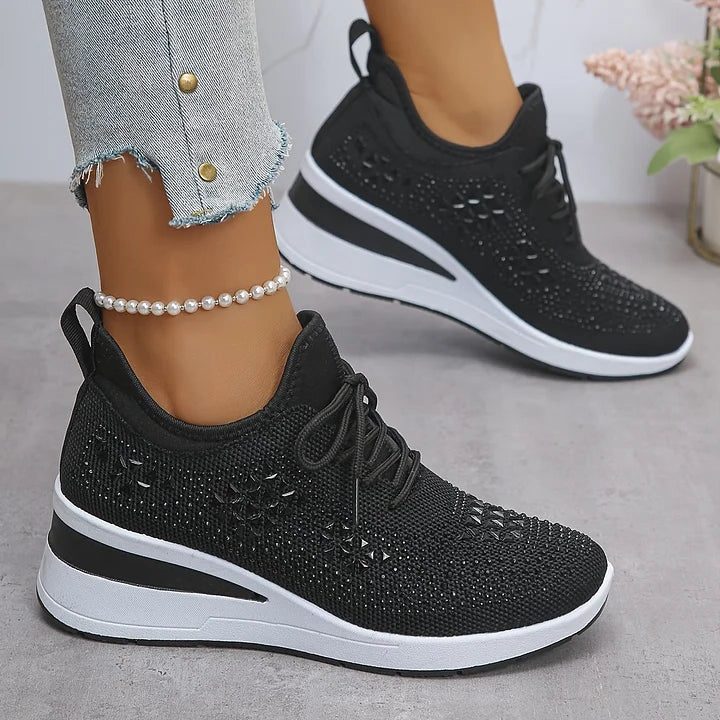 Women's Rhinestone Knit Mesh Lace-Up Sneakers