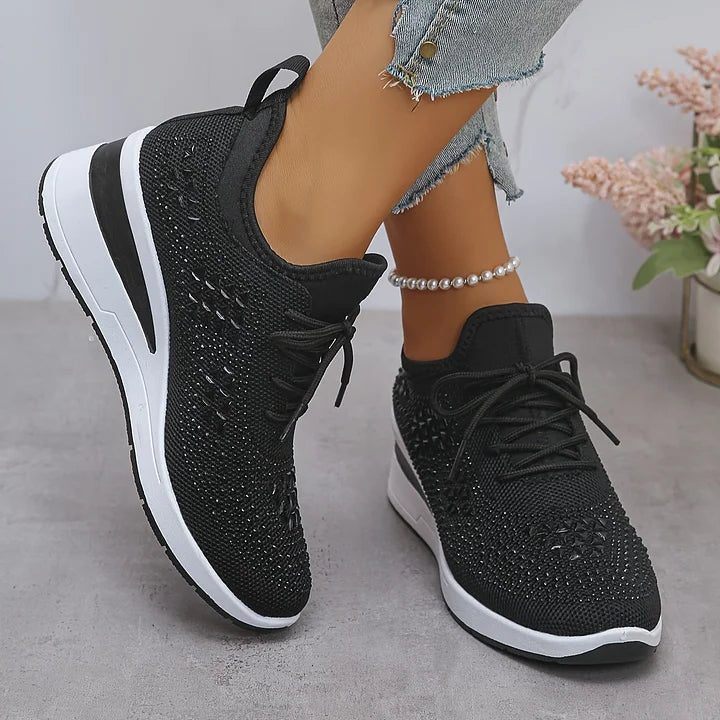 Women's Rhinestone Knit Mesh Lace-Up Sneakers