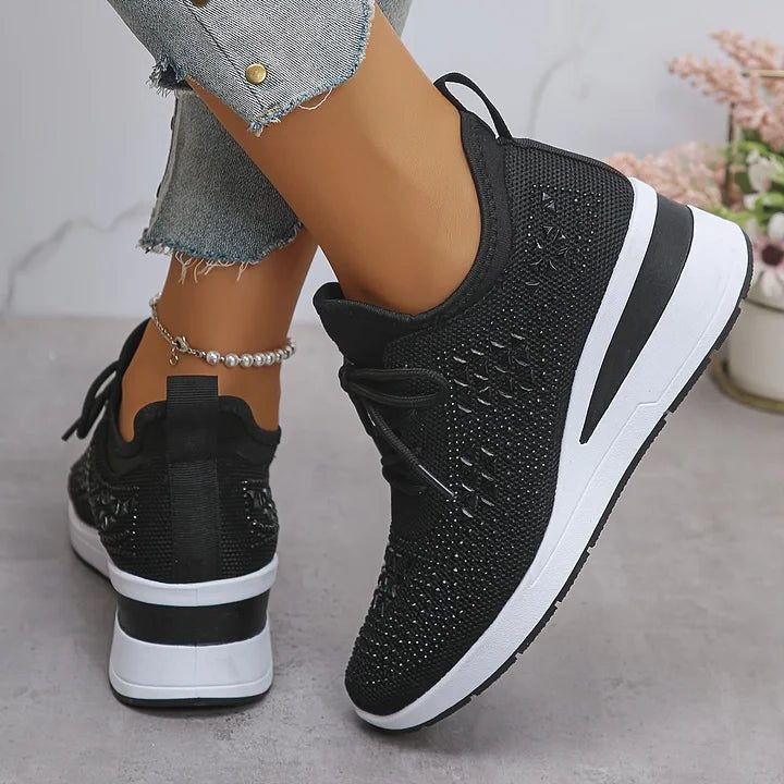 Women's Rhinestone Knit Mesh Lace-Up Sneakers