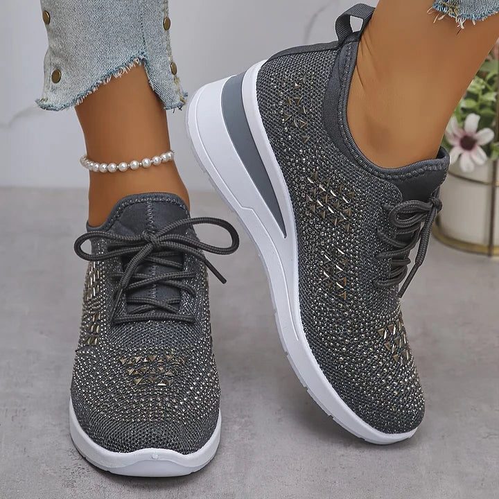 Women's Rhinestone Knit Mesh Lace-Up Sneakers