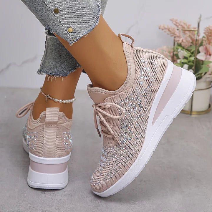 Women's Rhinestone Knit Mesh Lace-Up Sneakers