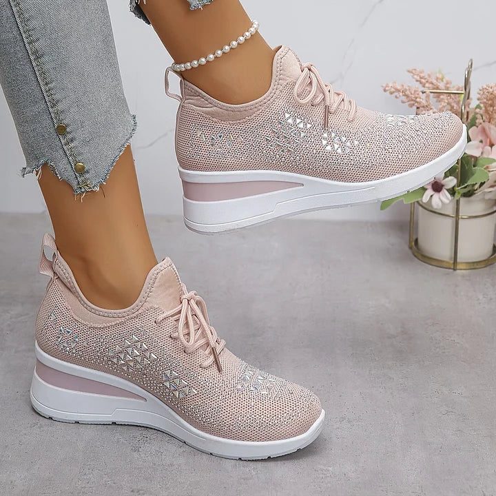 Women's Rhinestone Knit Mesh Lace-Up Sneakers