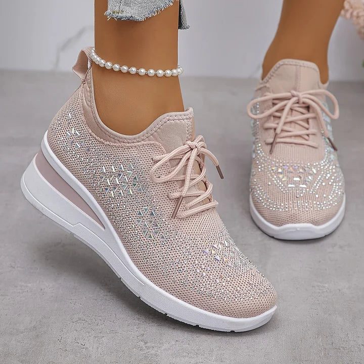 Women's Rhinestone Knit Mesh Lace-Up Sneakers