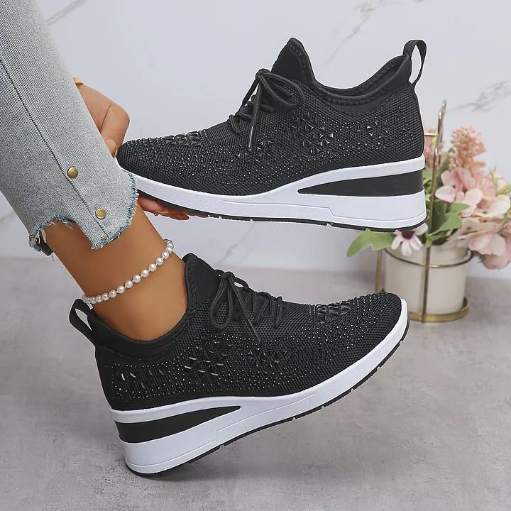 Women's Rhinestone Knit Mesh Lace-Up Sneakers