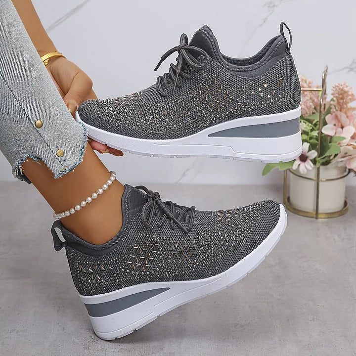 Women's Rhinestone Knit Mesh Lace-Up Sneakers