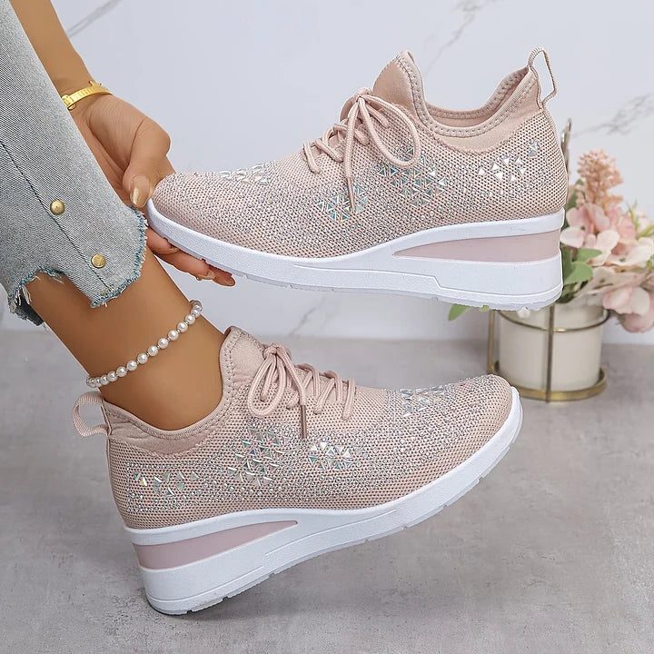 Women's Rhinestone Knit Mesh Lace-Up Sneakers