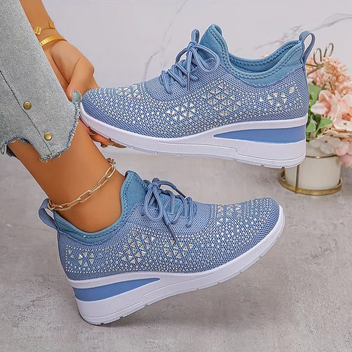 Women's Rhinestone Knit Mesh Lace-Up Sneakers