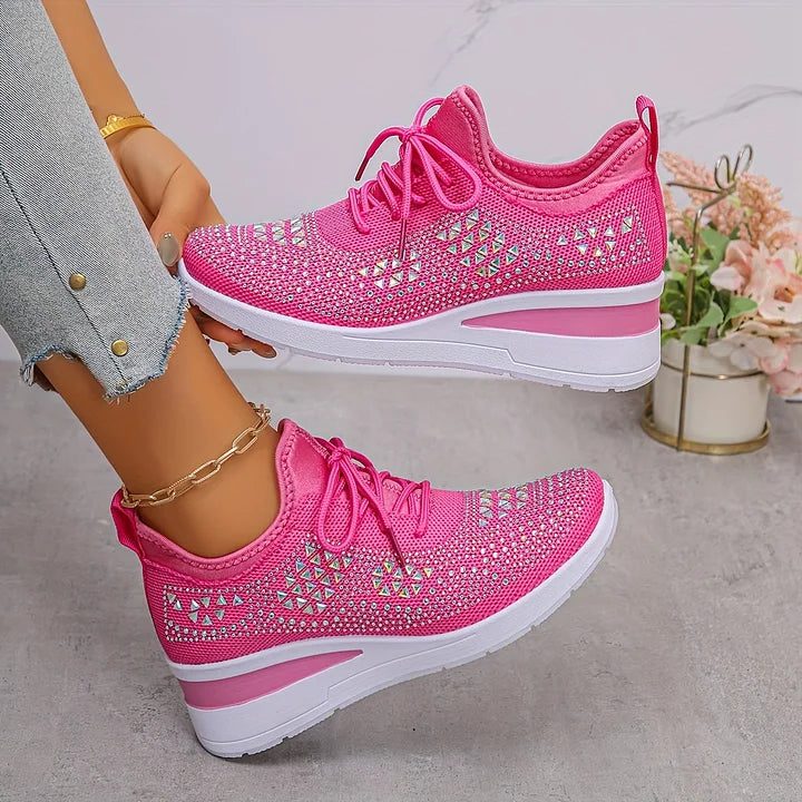 Women's Rhinestone Knit Mesh Lace-Up Sneakers