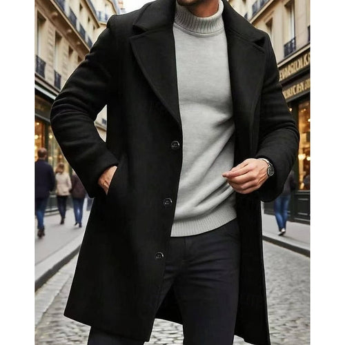 Men's Classic Long Overcoat with Roomy Pockets - Black