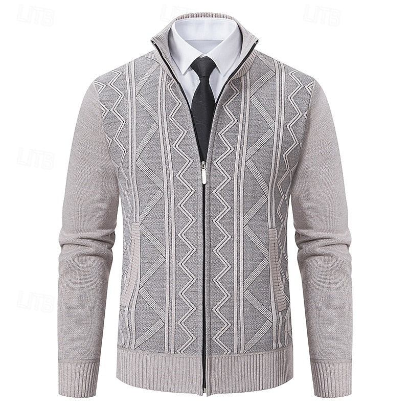 Men's Textured Knit Stand-Collar Zip Cardigan - Beige