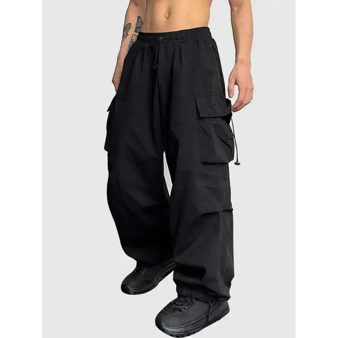 Men's Wide-Leg Cargo Trousers - Black