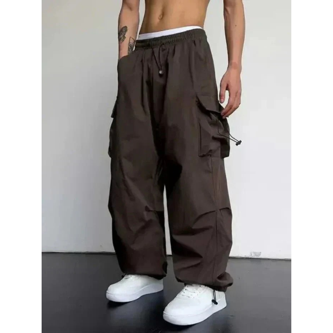Men's Wide-Leg Cargo Trousers - Dark Brown