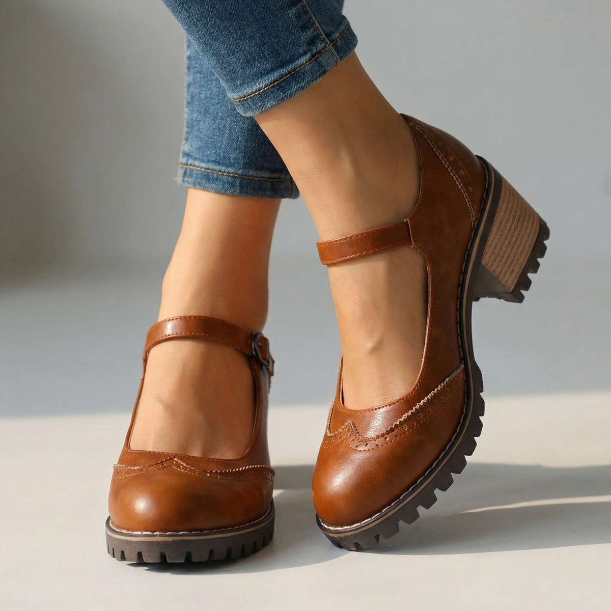 Women's Classic T-Strap Block Heel Closed-Toe Heels - Brown