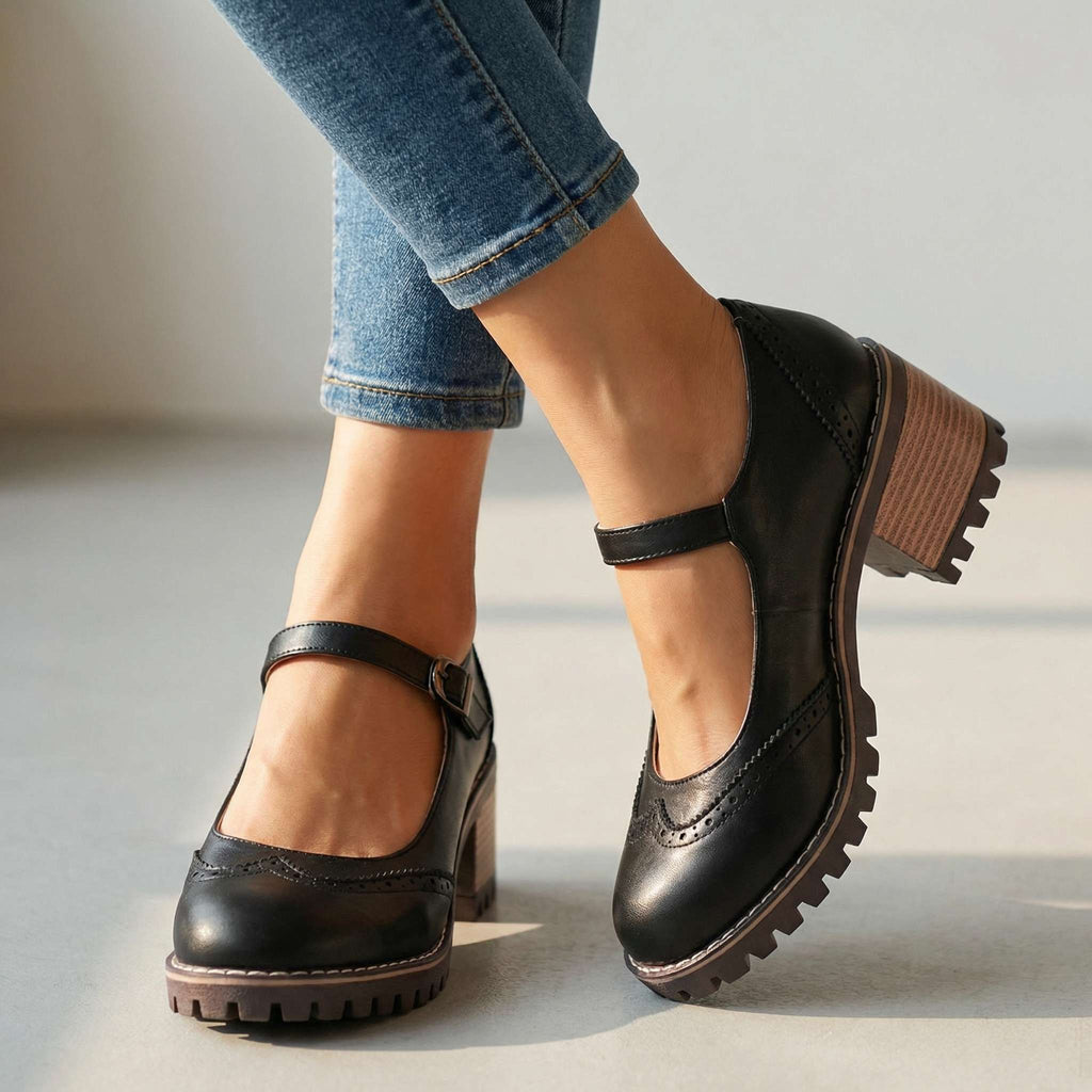 Women's Classic T-Strap Block Heel Closed-Toe Heels - Black