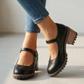 Women's Classic T-Strap Block Heel Closed-Toe Heels - Black