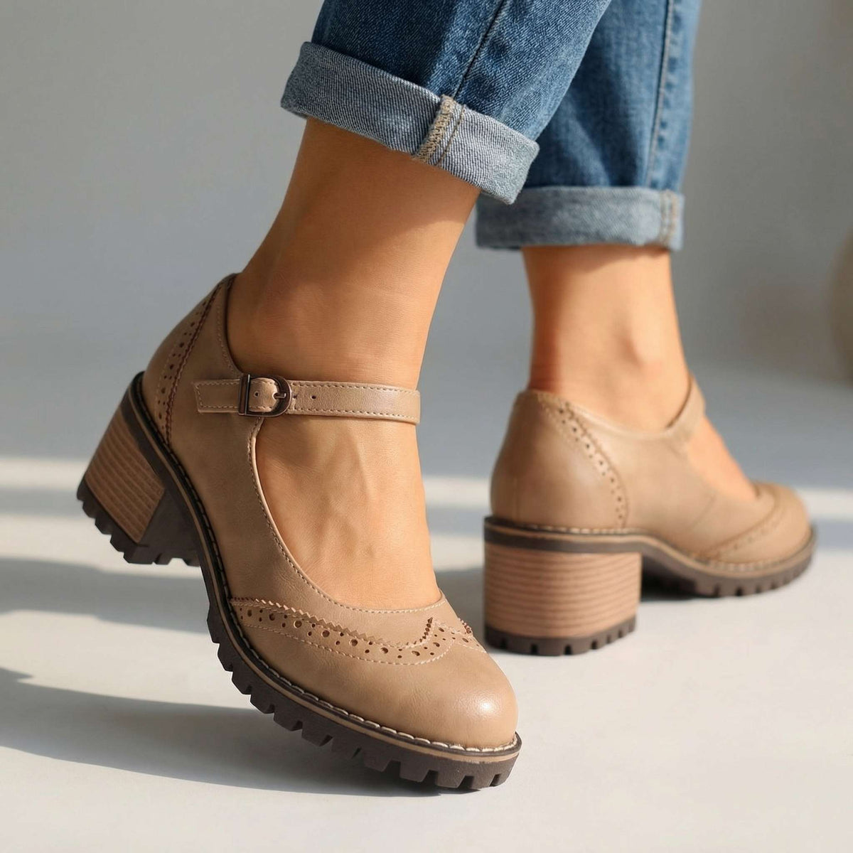 Women's Classic T-Strap Block Heel Closed-Toe Heels - Khaki