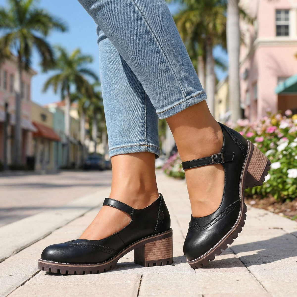 Women's Classic T-Strap Block Heel Closed-Toe Heels