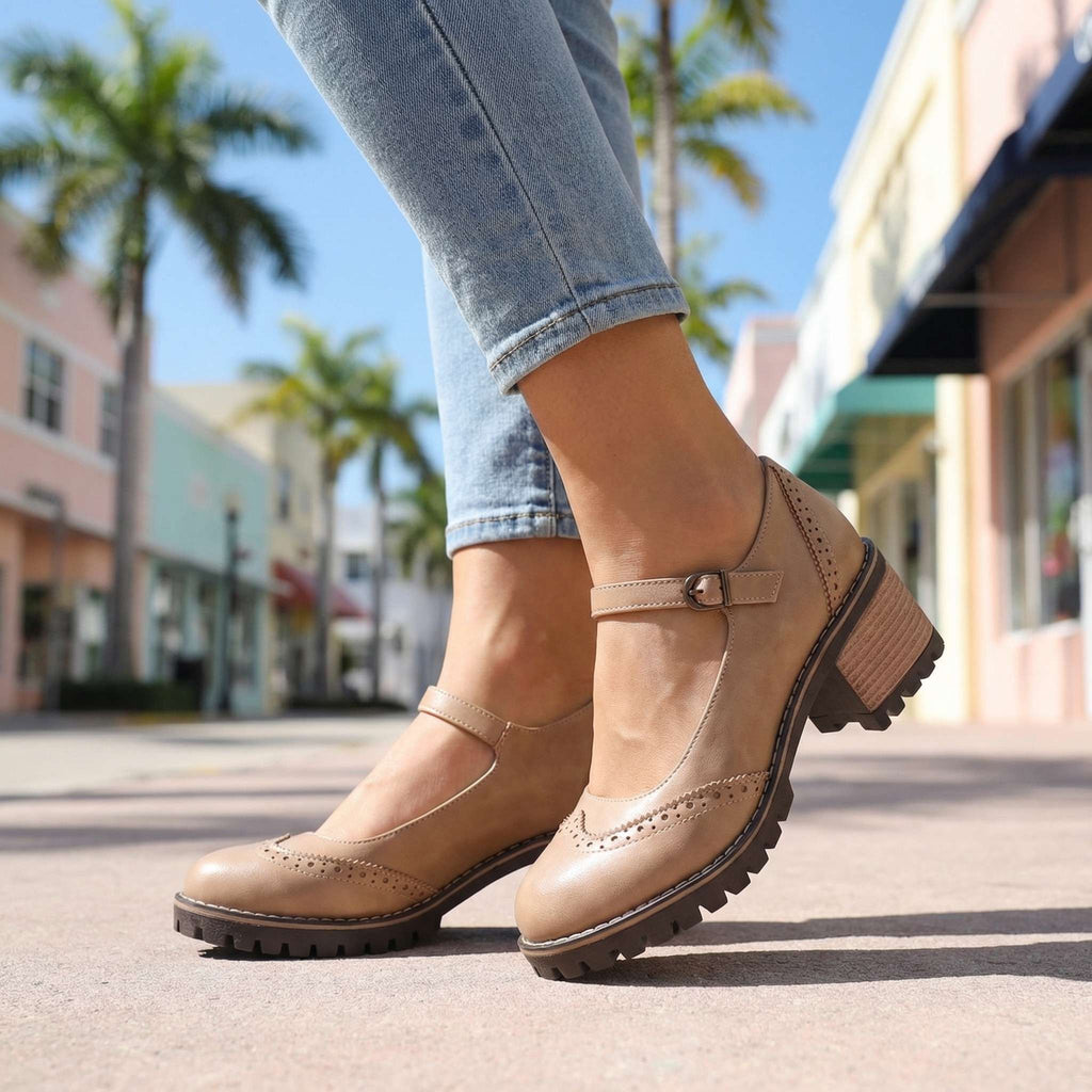 Women's Classic T-Strap Block Heel Closed-Toe Heels