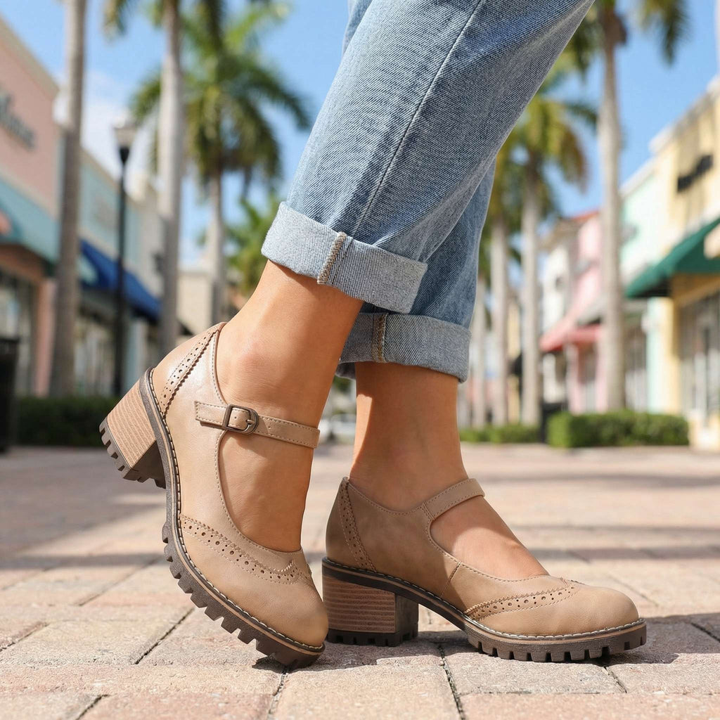 Women's Classic T-Strap Block Heel Closed-Toe Heels