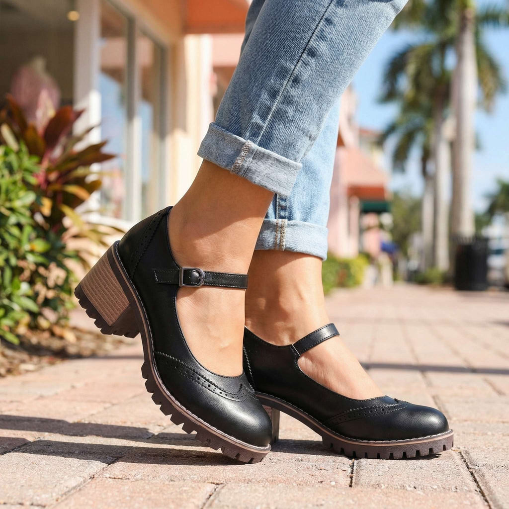 Women's Classic T-Strap Block Heel Closed-Toe Heels