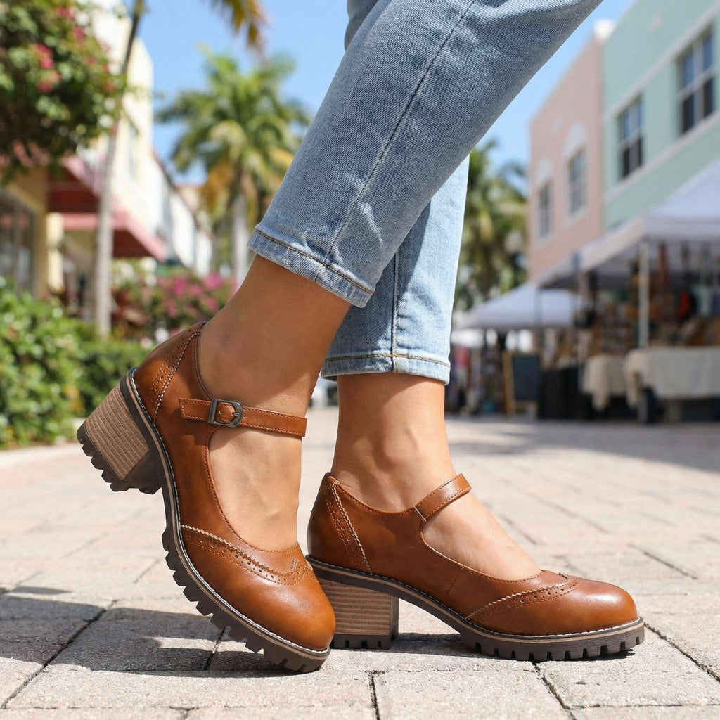 Women's Classic T-Strap Block Heel Closed-Toe Heels