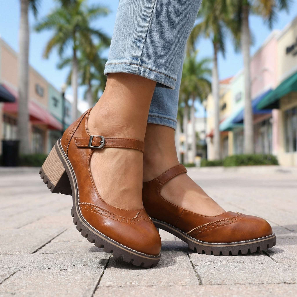 Women's Classic T-Strap Block Heel Closed-Toe Heels