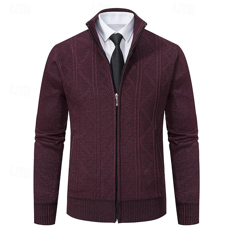 Men's Textured Knit Stand-Collar Zip Cardigan - Burgundy