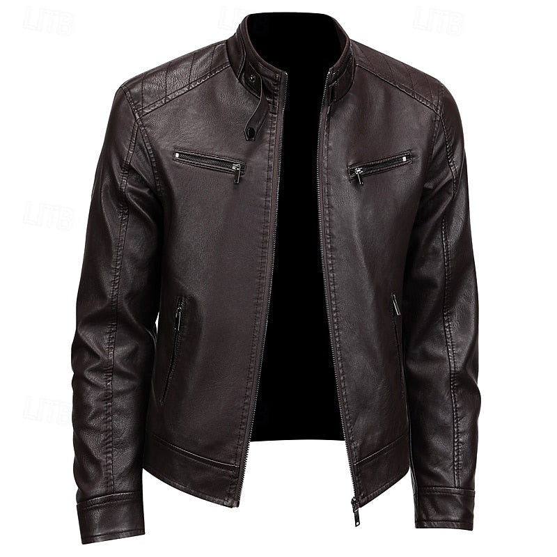 Women's Classic Standing-Collar Moto Jacket - Brown