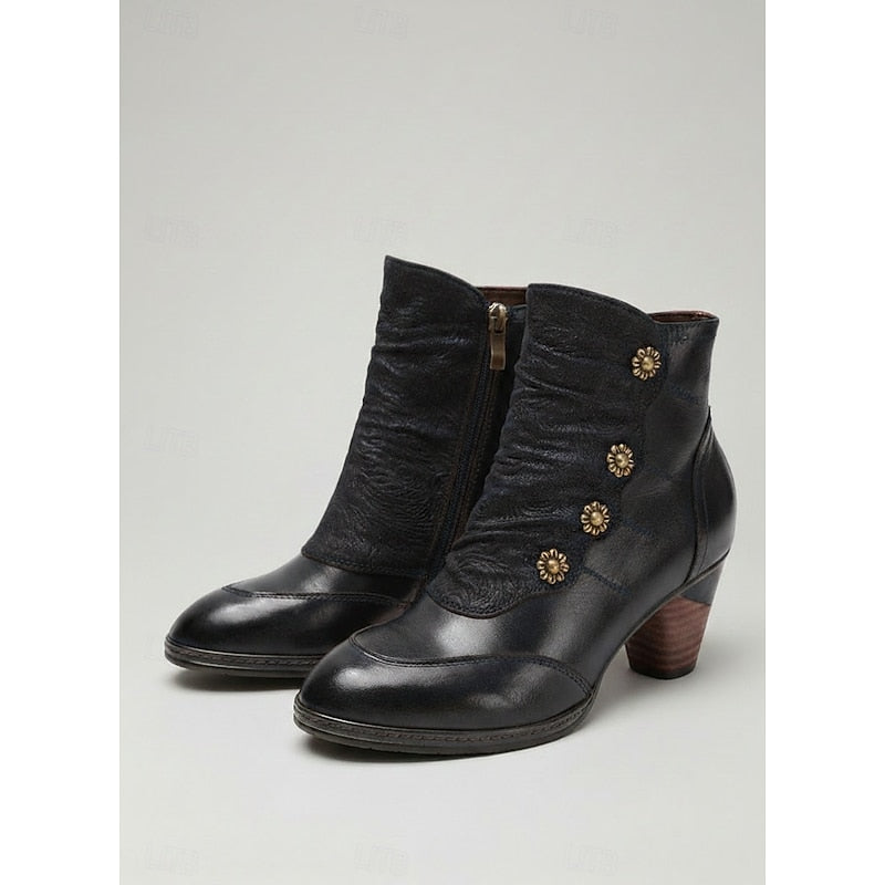 Women's Ruched Ankle Boots with Floral Buttons and Block Heel - Black