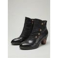 Women's Ruched Ankle Boots with Floral Buttons and Block Heel - Black