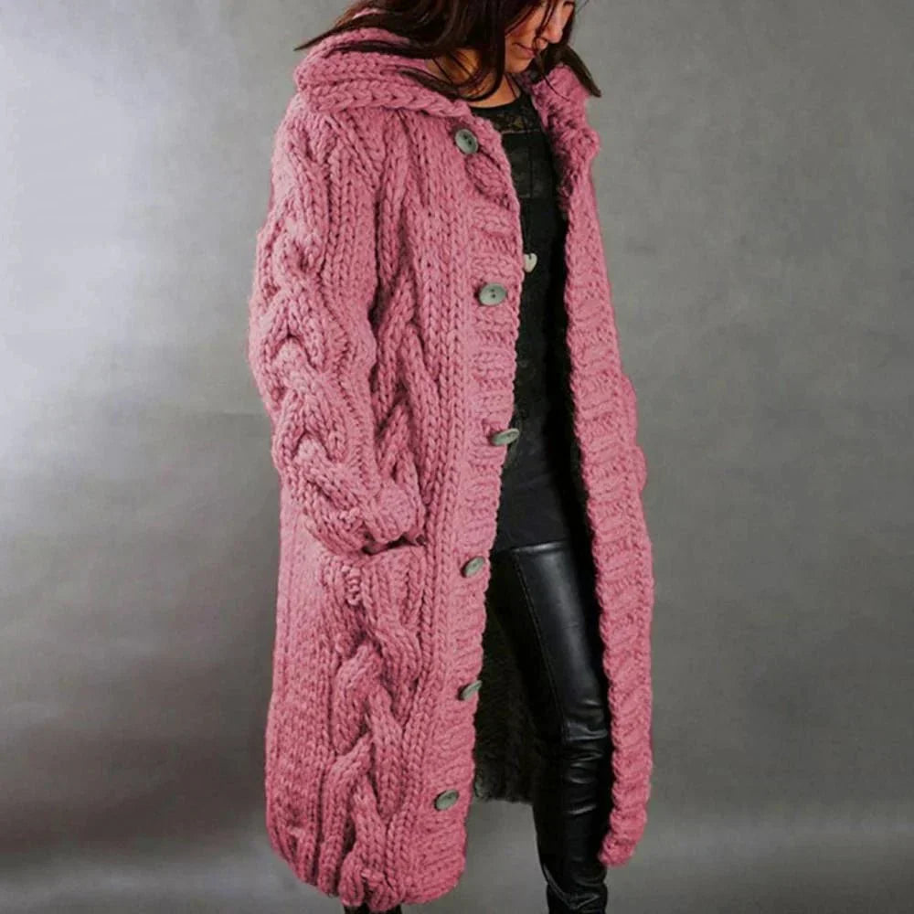 Women's Long Cable Knit Cardigan Chunky Hooded Winter Layer with Pockets