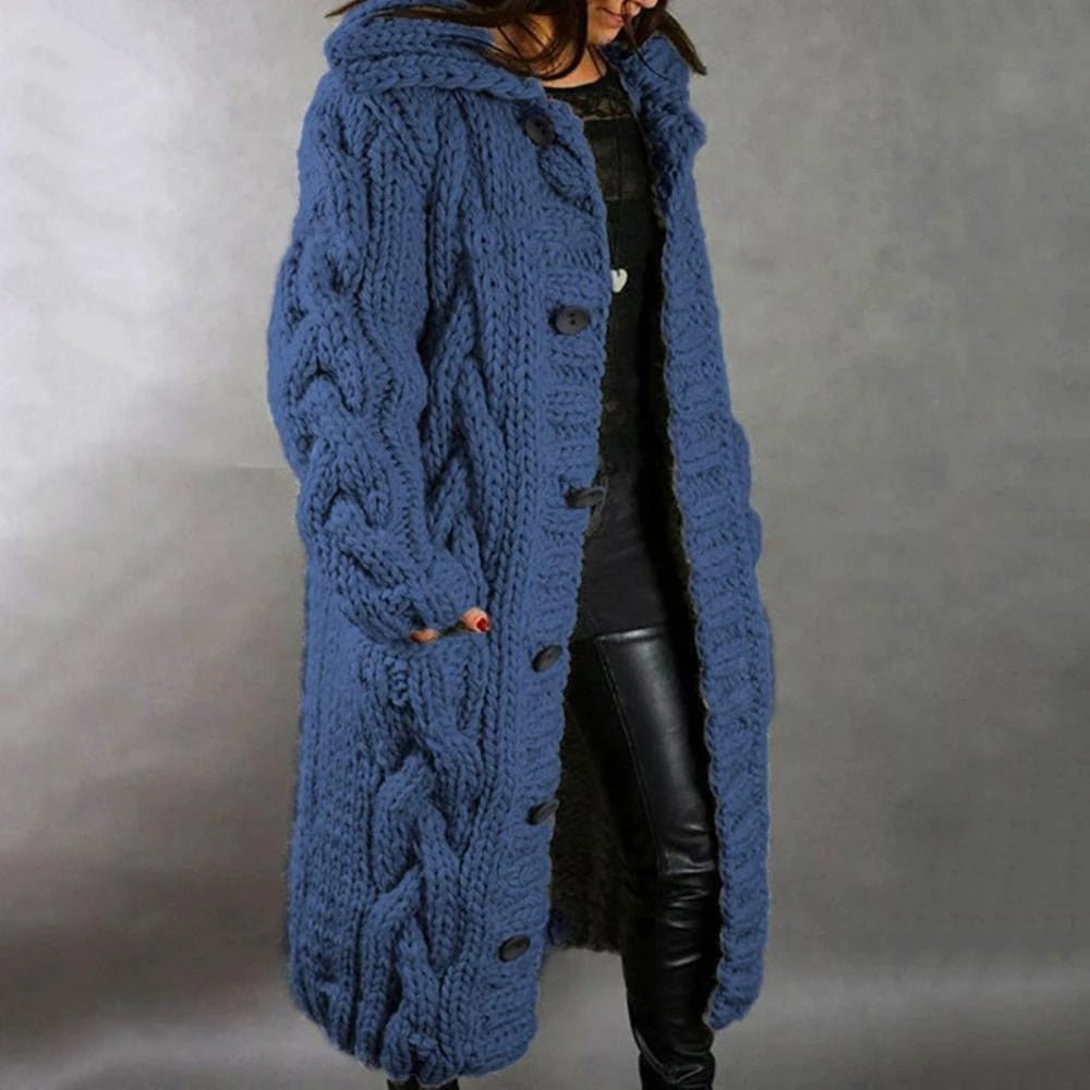 Women's Long Cable Knit Cardigan Chunky Hooded Winter Layer with Pockets
