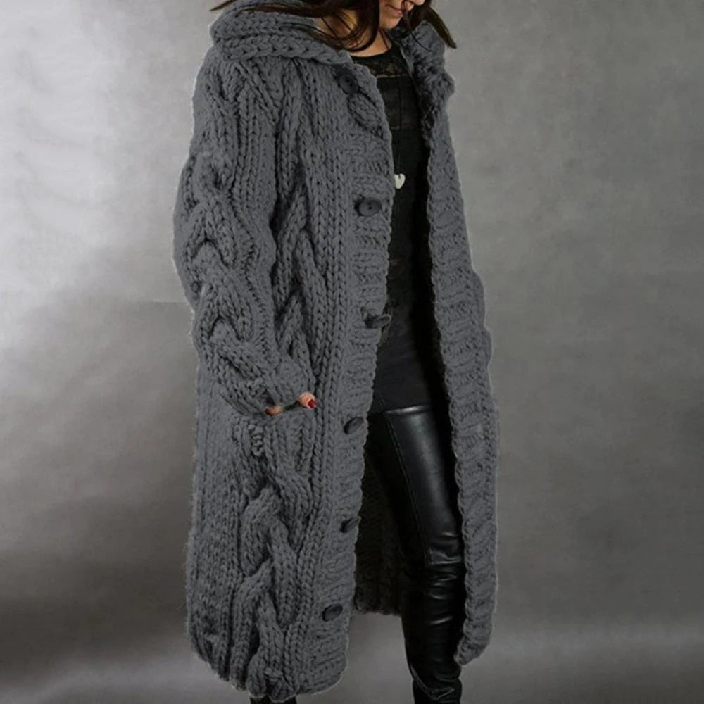 Women's Long Cable Knit Cardigan Chunky Hooded Winter Layer with Pockets