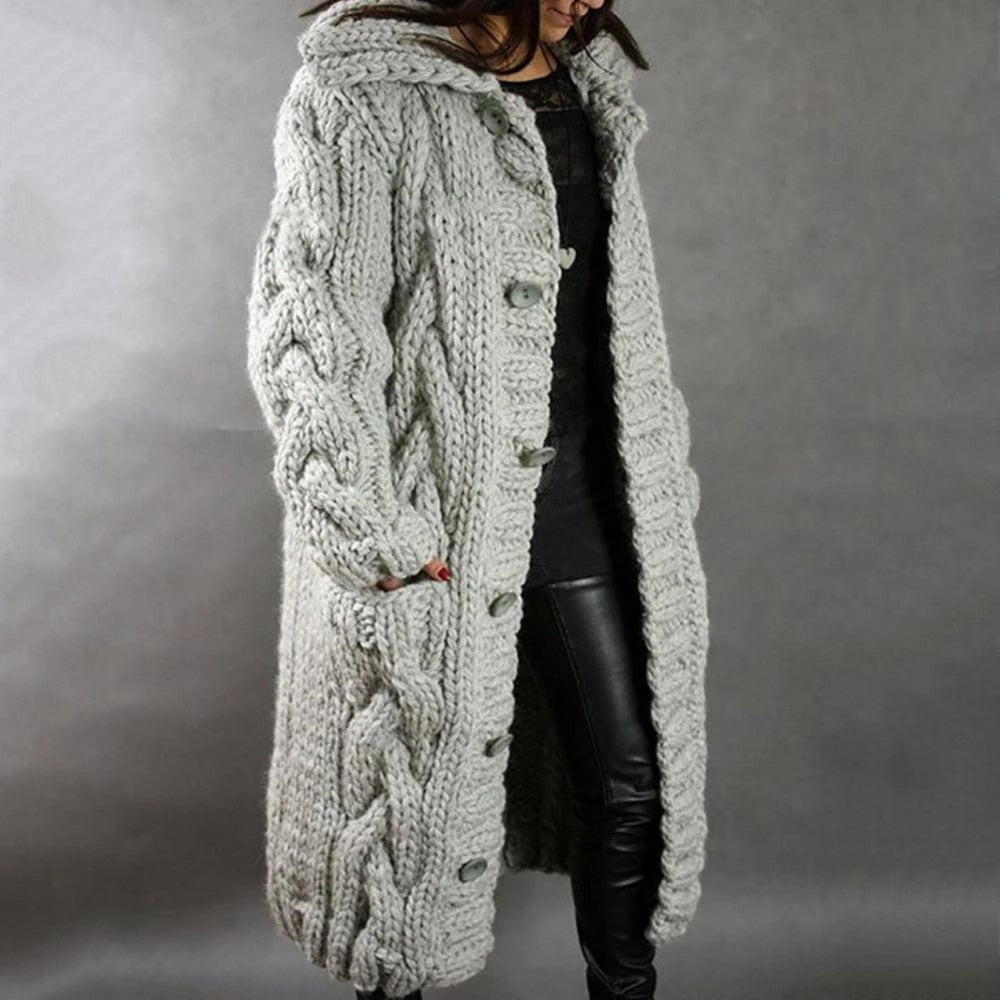Women's Long Cable Knit Cardigan Chunky Hooded Winter Layer with Pockets