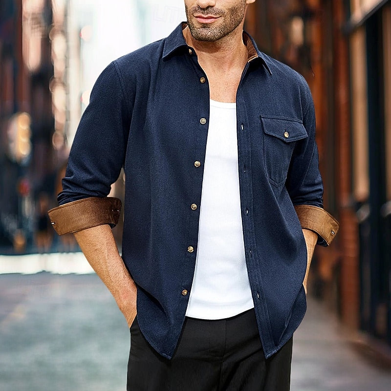 Men's Rugged Button-Front Overshirt with Chest Pocket - Dark Blue