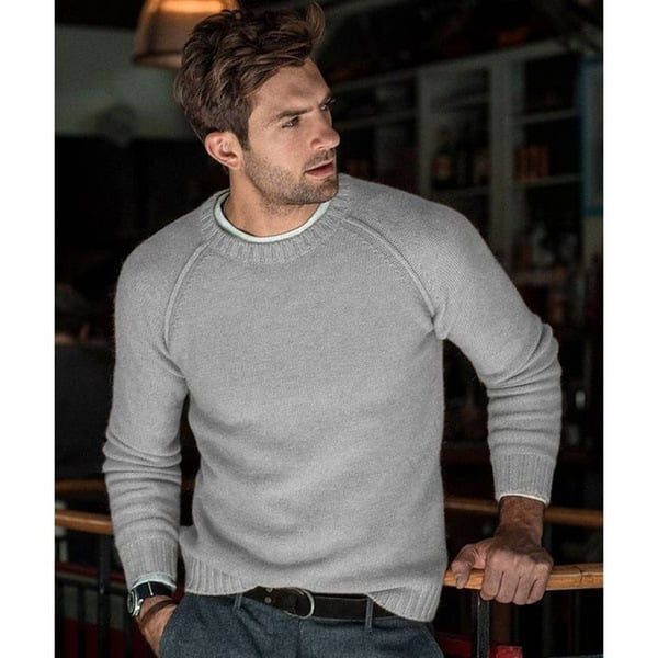 Men's Relaxed Fine-Knit Raglan Crew Neck Sweater - Gray