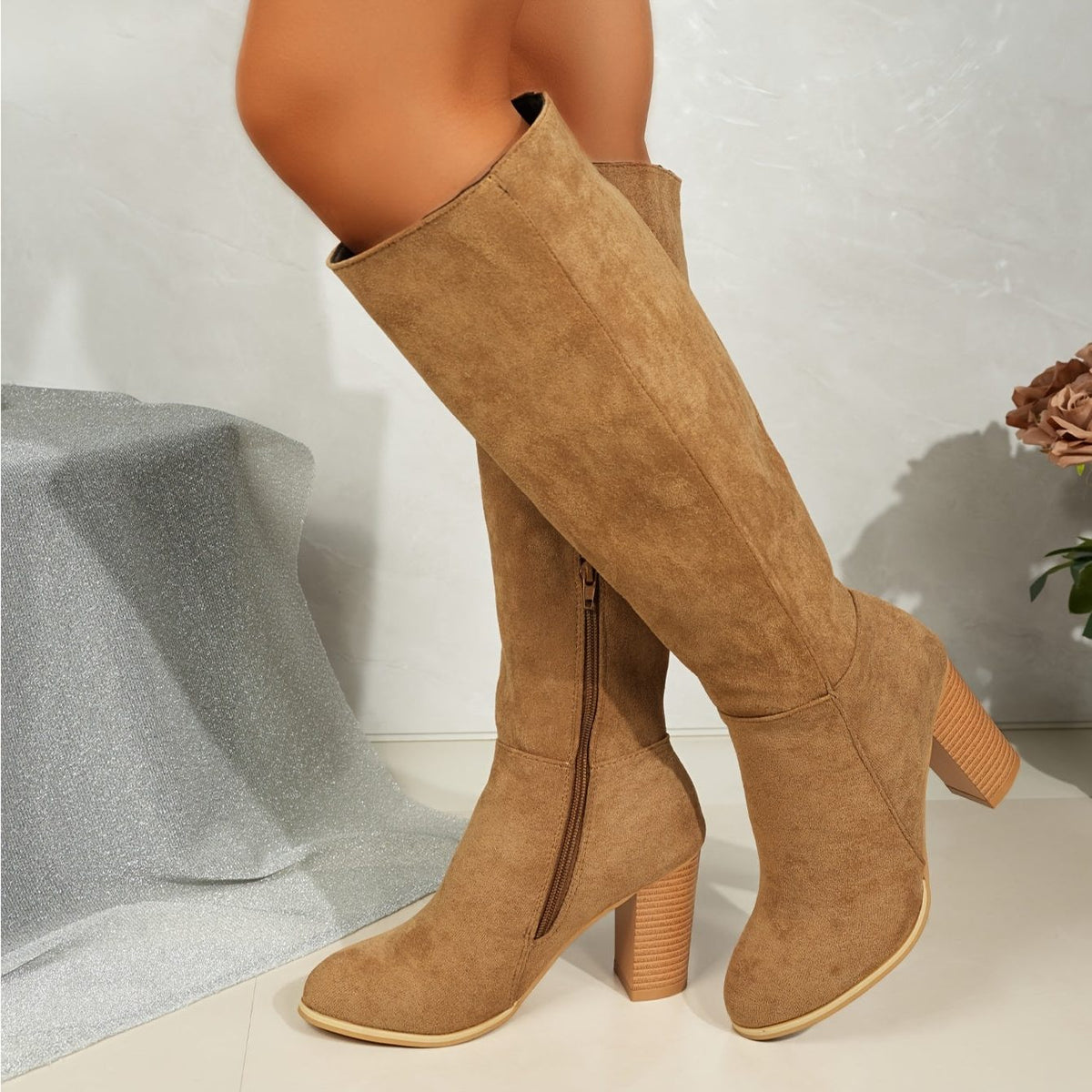 Women's Suede Western Knee-High Cowboy Boots - Light Brown
