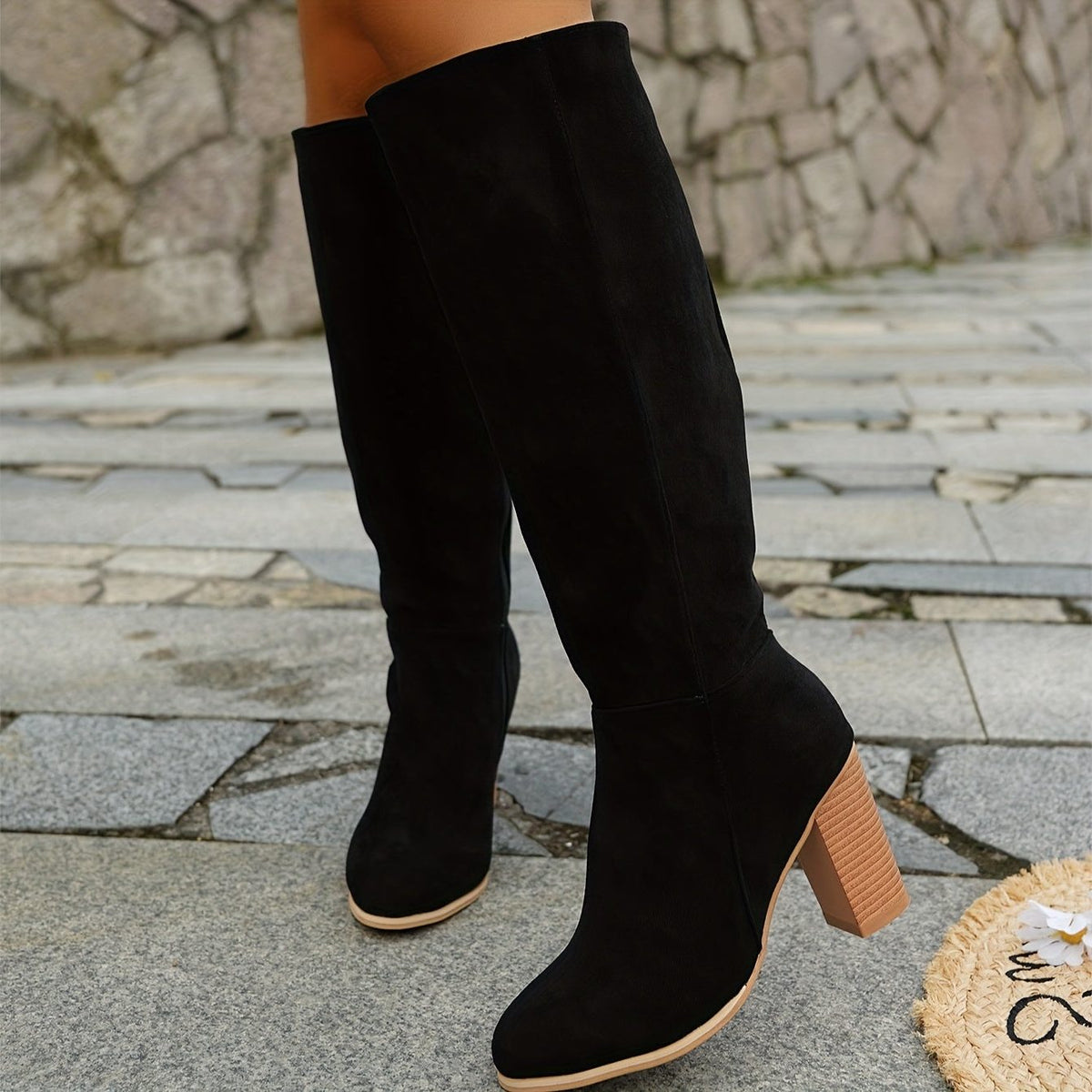 Women's Suede Western Knee-High Cowboy Boots - Black