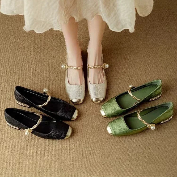 Women's Vintage Braided Pearl Strap Mary Jane Shoes