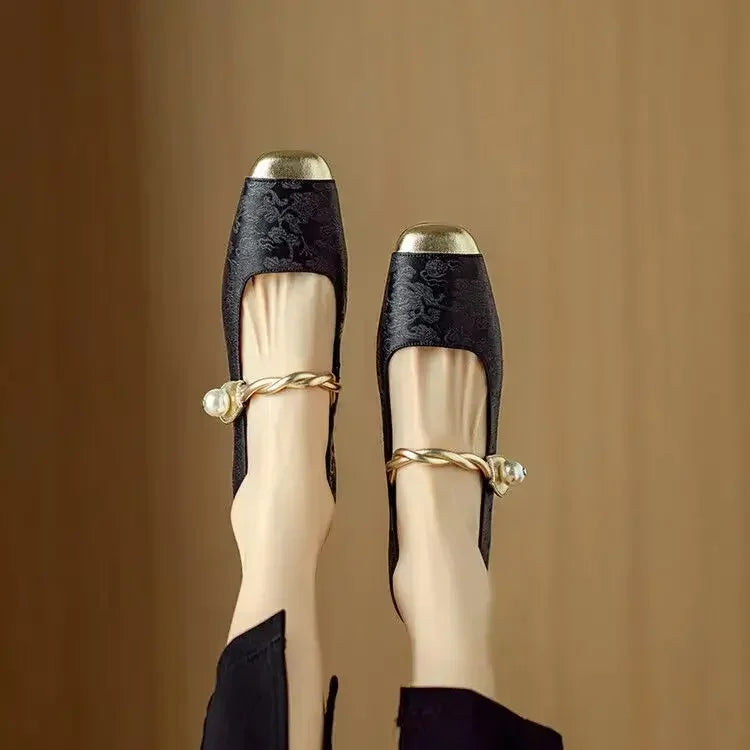 Women's Vintage Braided Pearl Strap Mary Jane Shoes