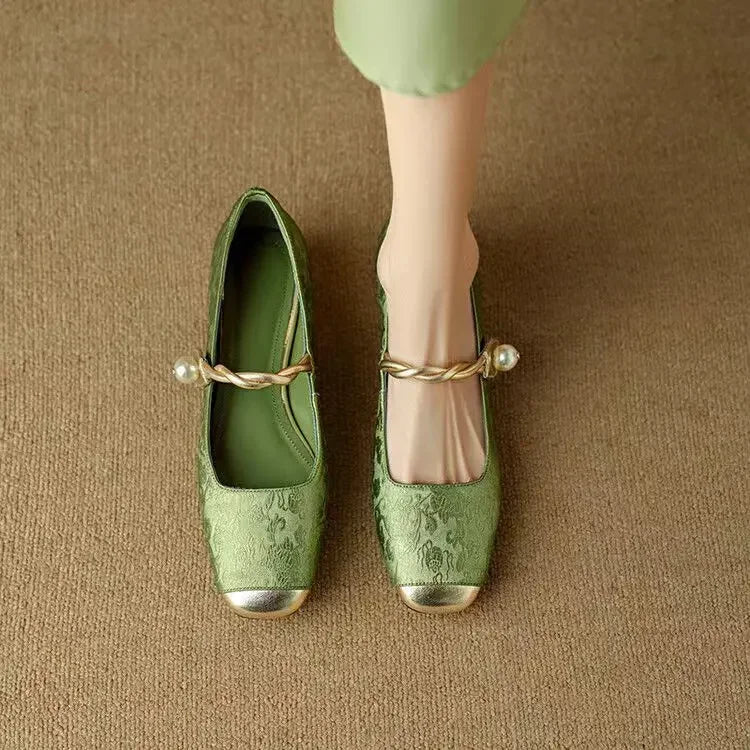 Women's Vintage Braided Pearl Strap Mary Jane Shoes - Green
