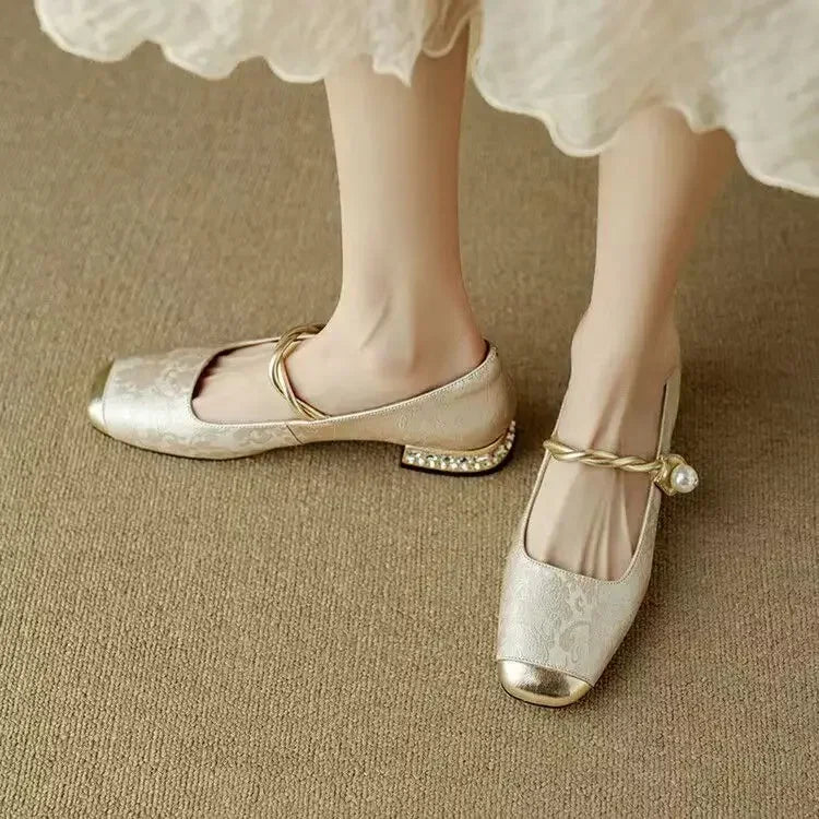 Women's Vintage Braided Pearl Strap Mary Jane Shoes