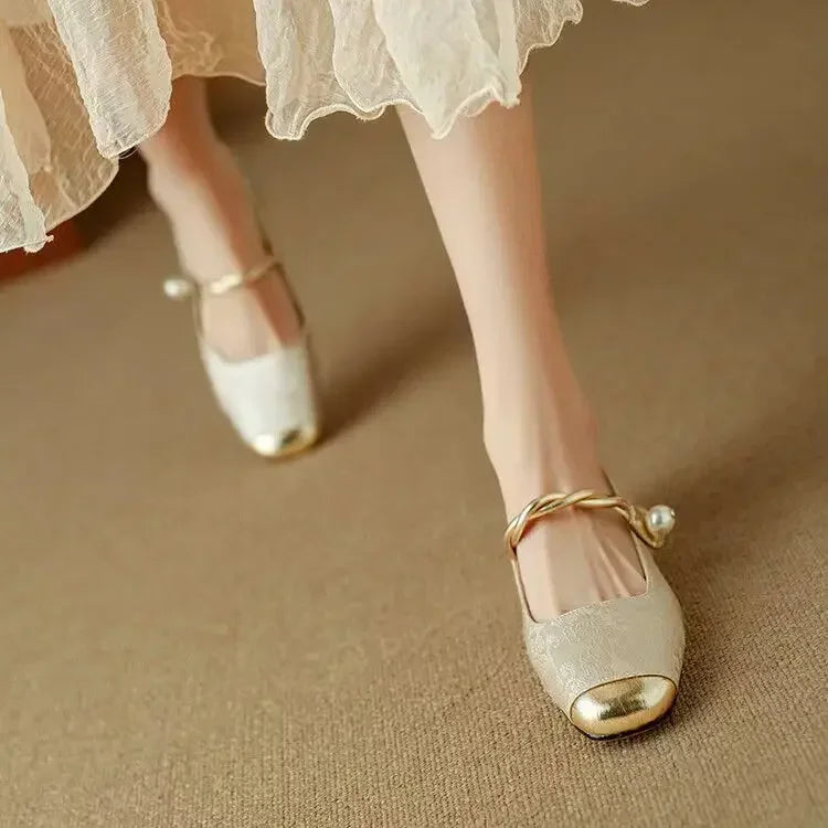 Women's Vintage Braided Pearl Strap Mary Jane Shoes