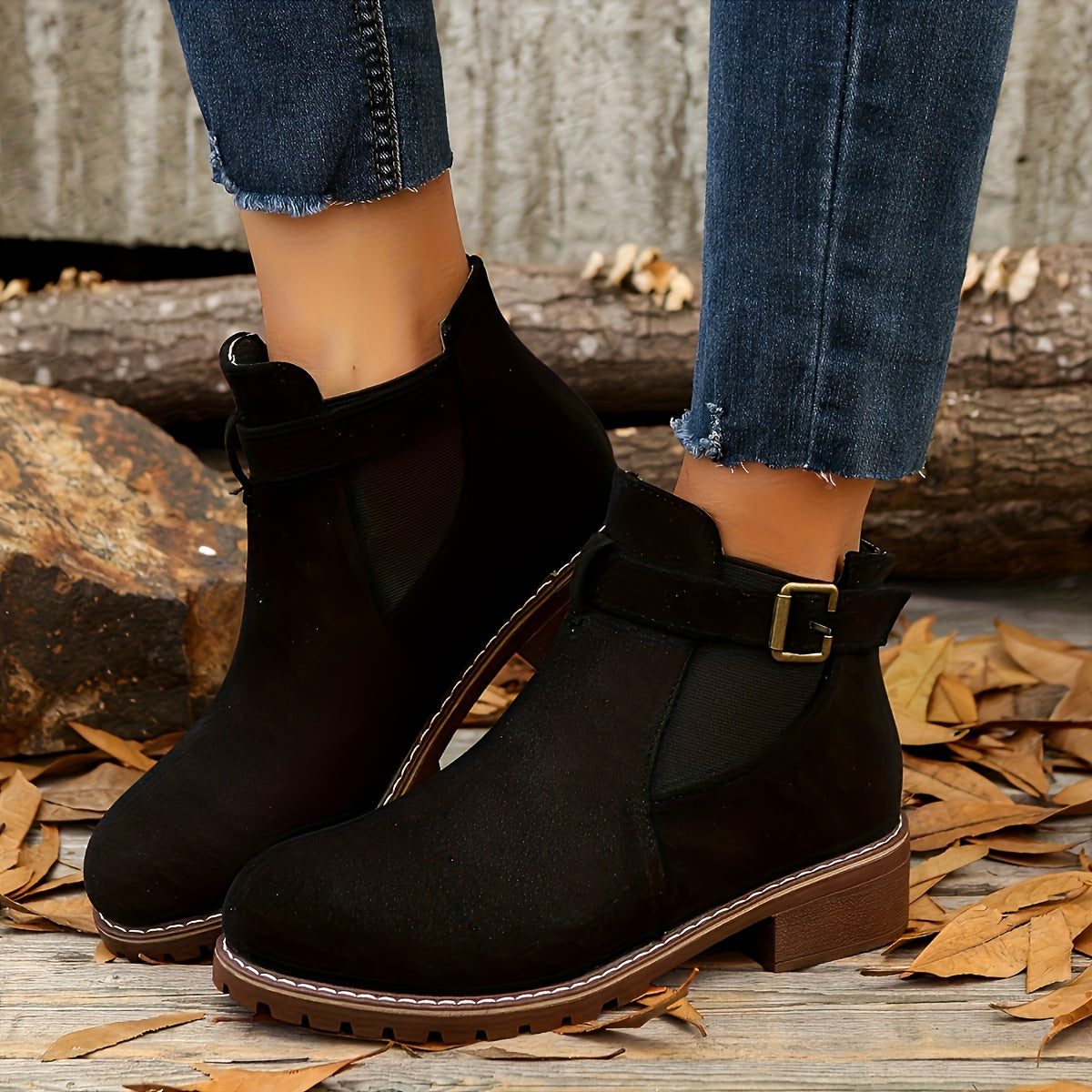 Women's Rounded-Toe Chelsea Boots with Adjustable Buckle Strap - Black