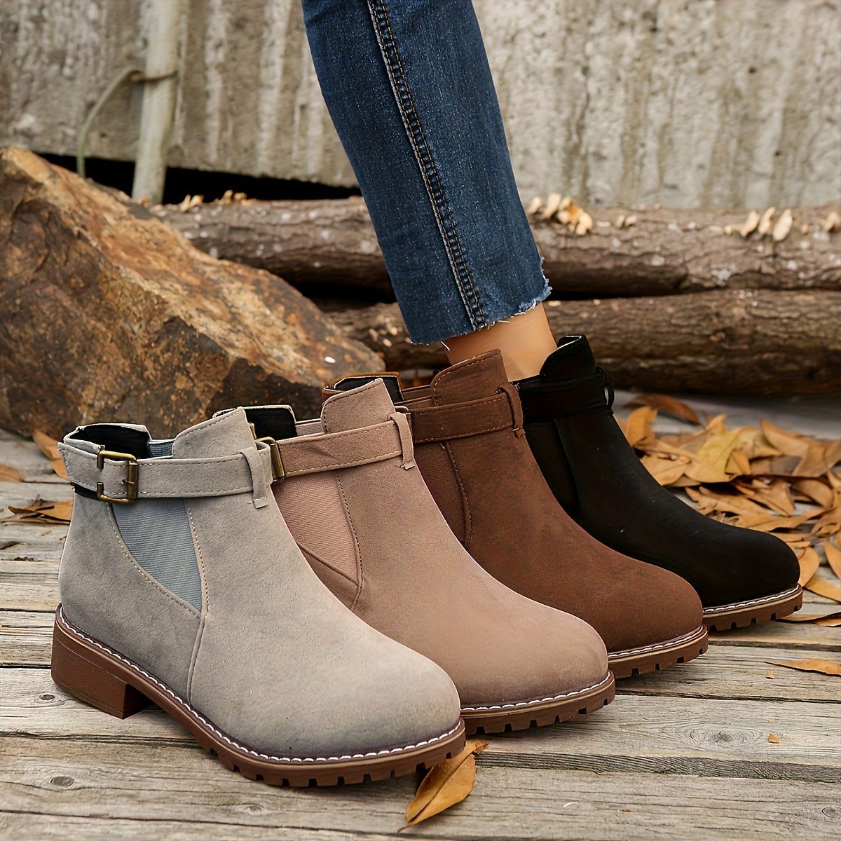Women's Rounded-Toe Chelsea Boots with Adjustable Buckle Strap
